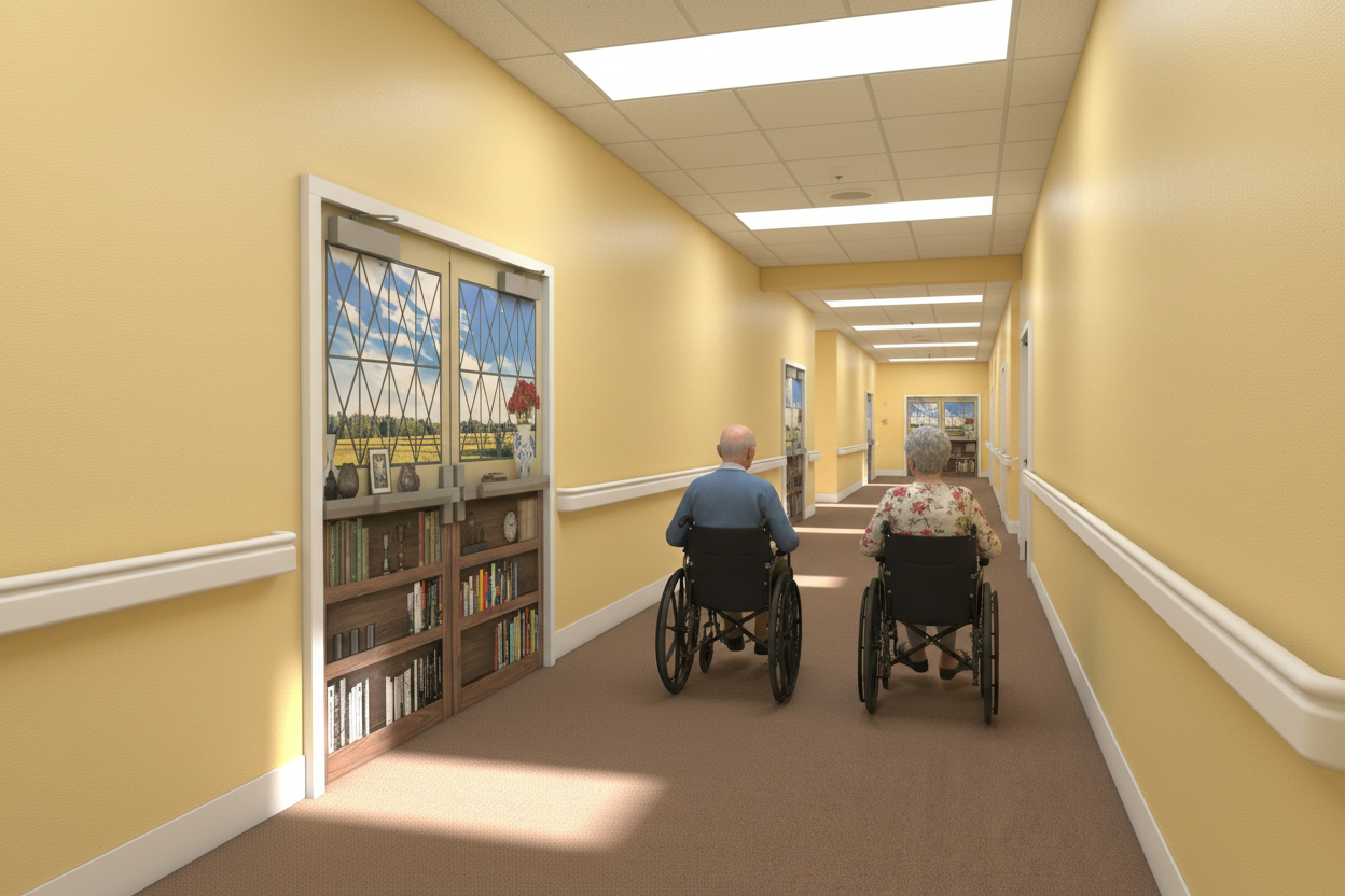 Seniors walking away from camouflaged door mural down the hallway