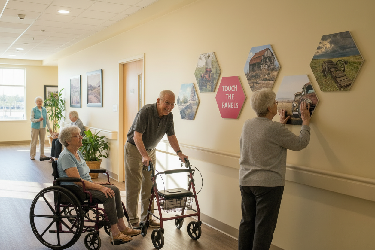 Seniors with hexagonal panels, man smiling