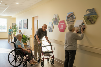 Seniors with hexagonal panels, man smiling