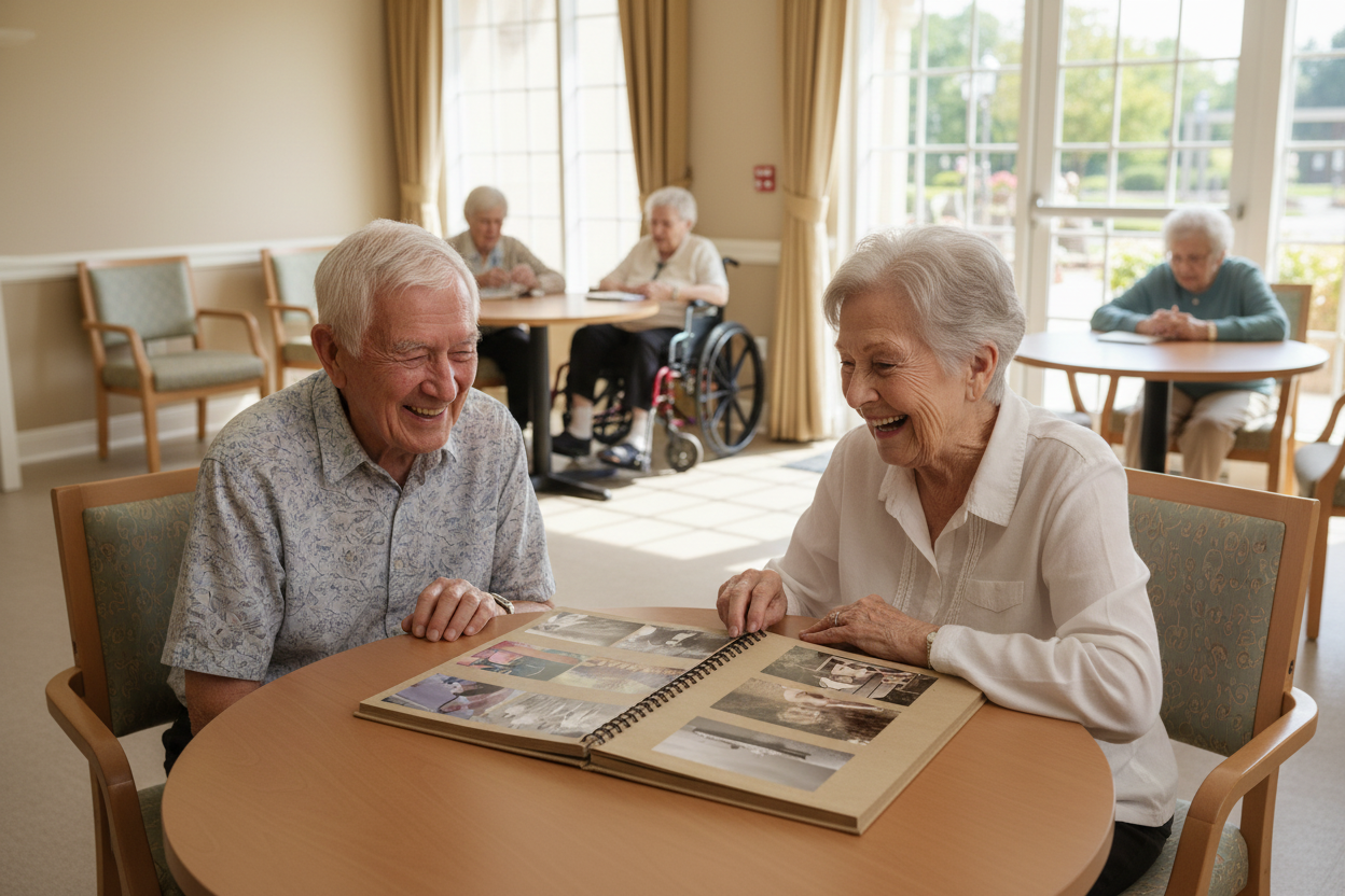 Seniors with Photo Album in Bright LTC Rec Room with Windows