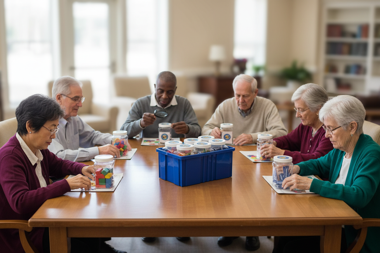 Six seniors with product bins