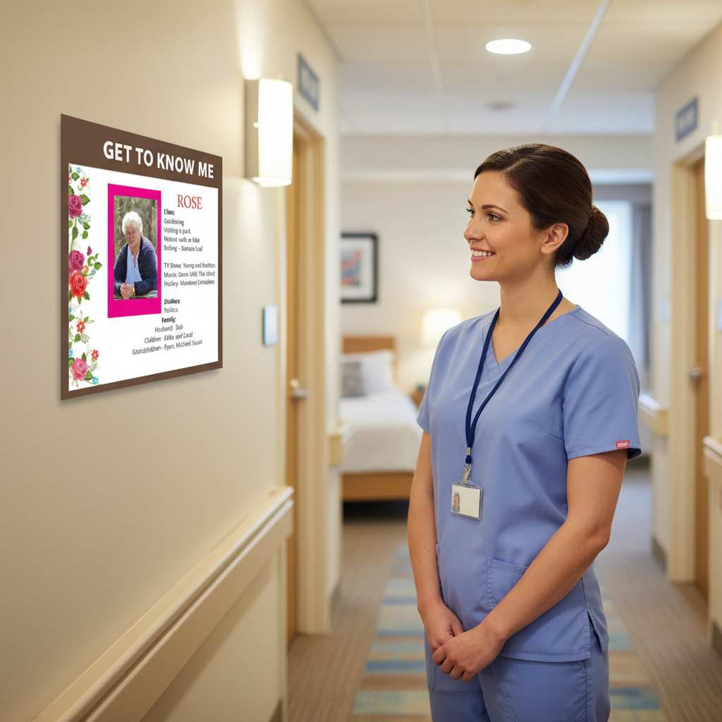 Smiling caregiver viewing Get To Know Me Board