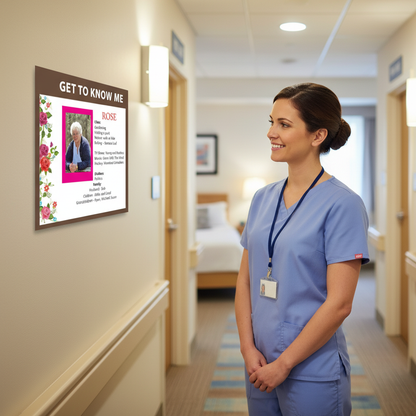 Smiling caregiver viewing Get To Know Me Board