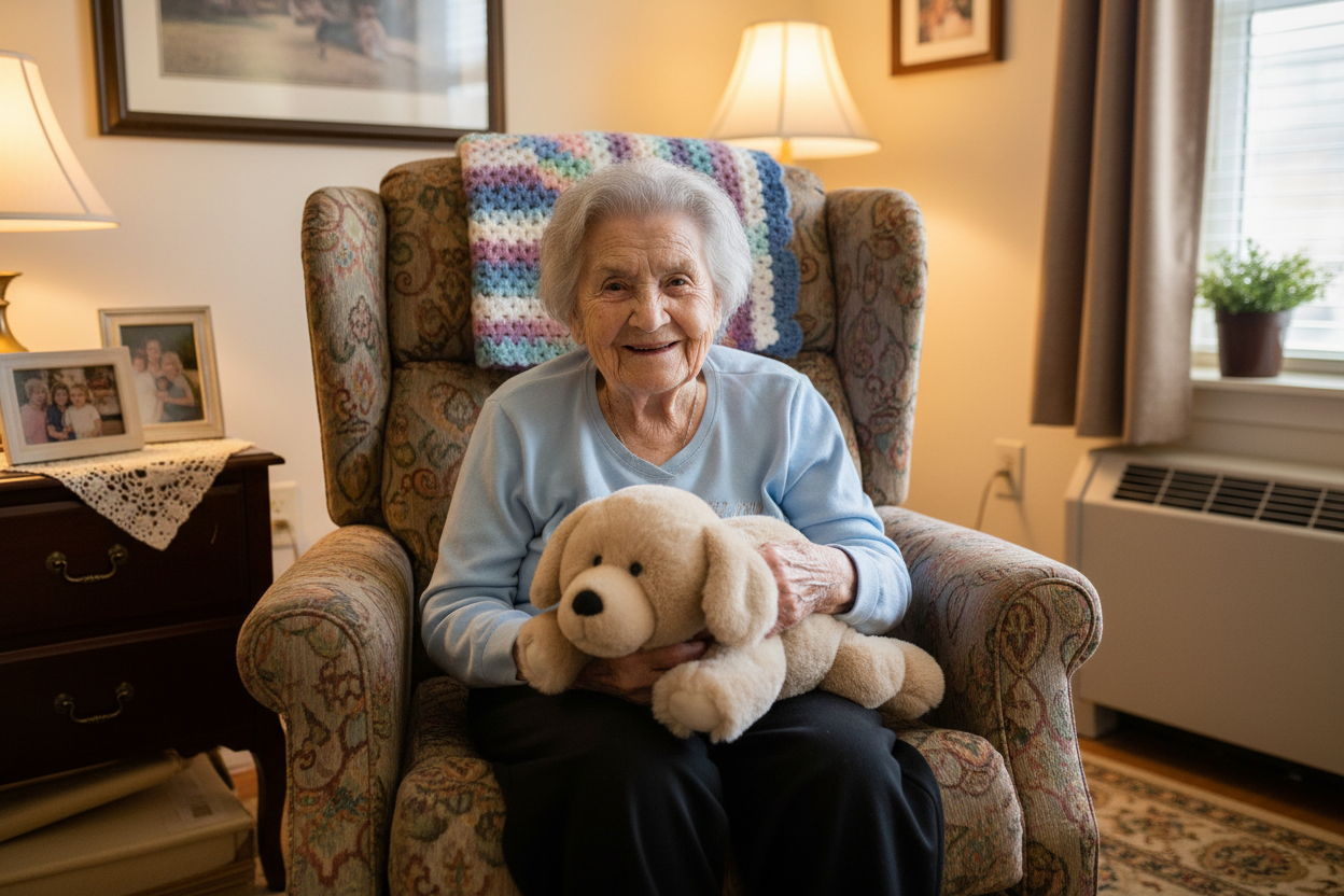 tan Labrador therapy pet on her lap