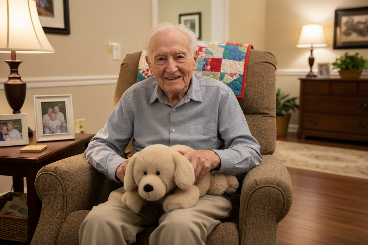 tan Labrador therapy pet on his lap