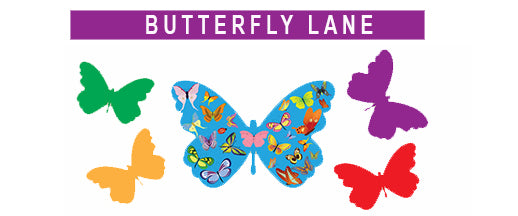 Colourful butterflies with 'Butterfly Lane' text decor for hallway wayfinding in facilities