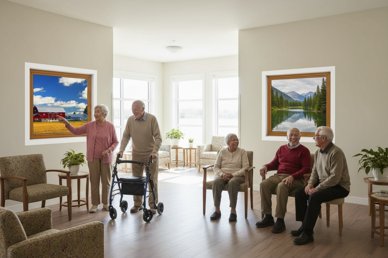 Three murals with white borders, no window sills