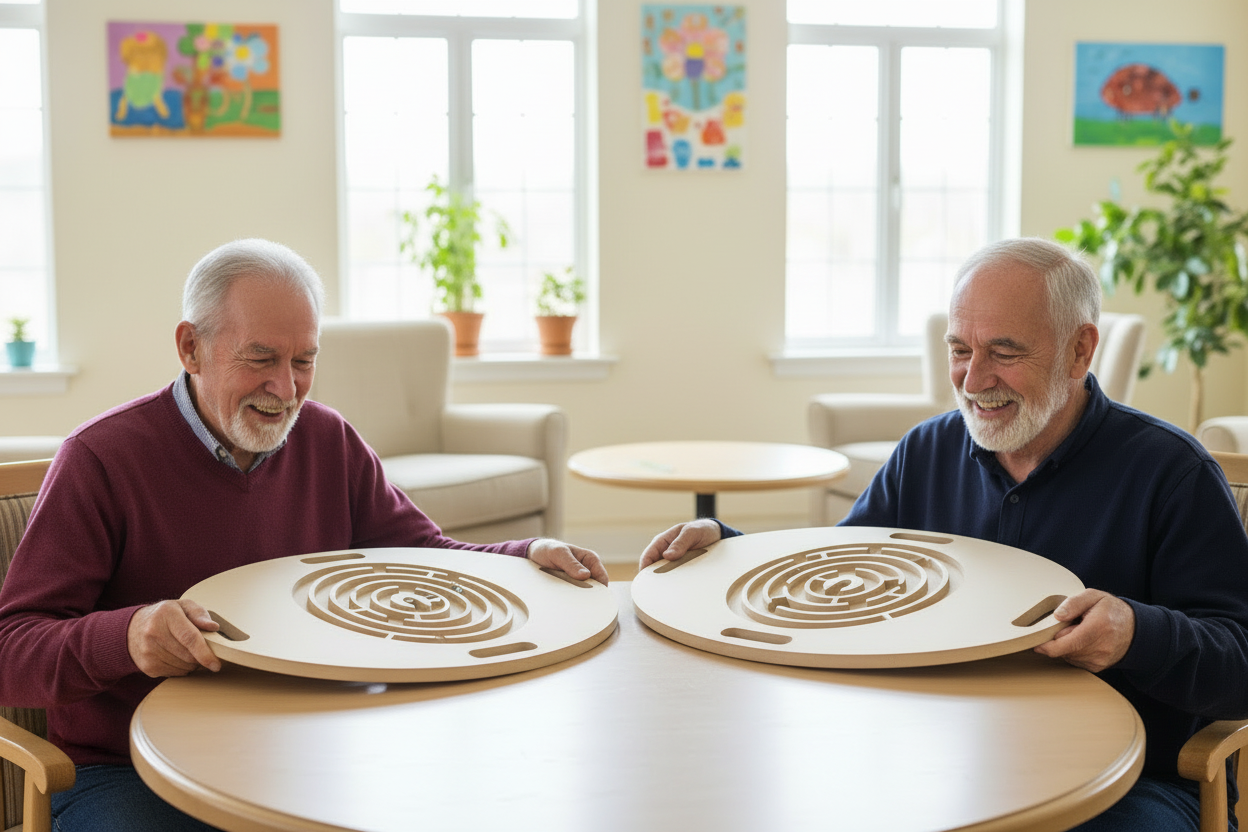 Two elderly multicultural senior men each with their own Balance the Marble board