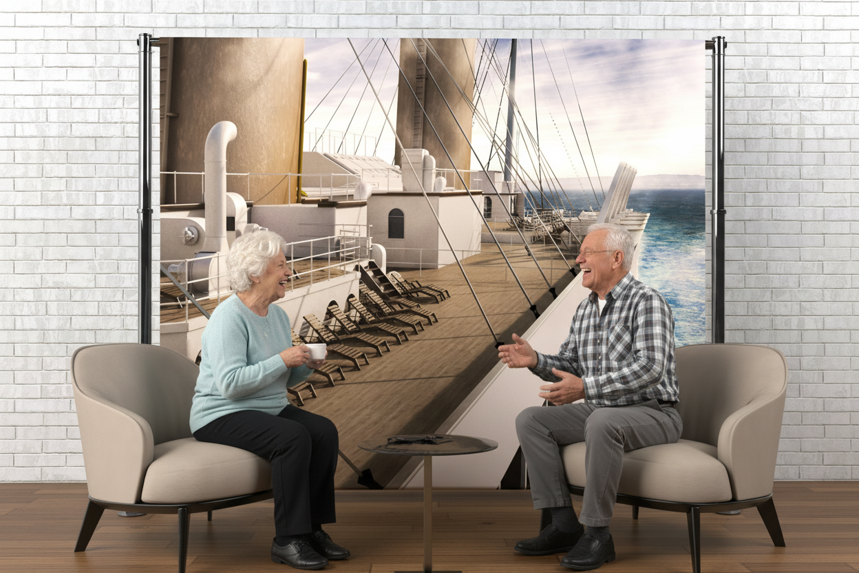 Two elderly Polish seniors talking and laughing - first vacation banner