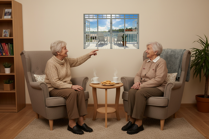 Two ladies with coffee and biscuits looking at cottage mural