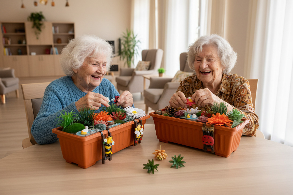 Two ladies with magnetic flower activity and succulents on table