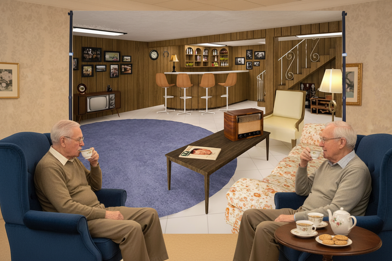 Two men having tea with large basement Pop-Up ReM Spaces banner - cozy setting