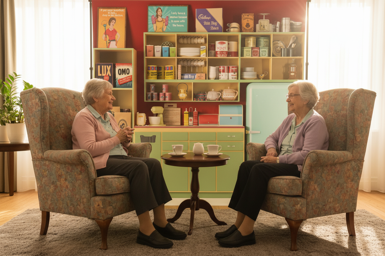 Two senior ladies having coffee with Pop-Up ReM Spaces kitchen