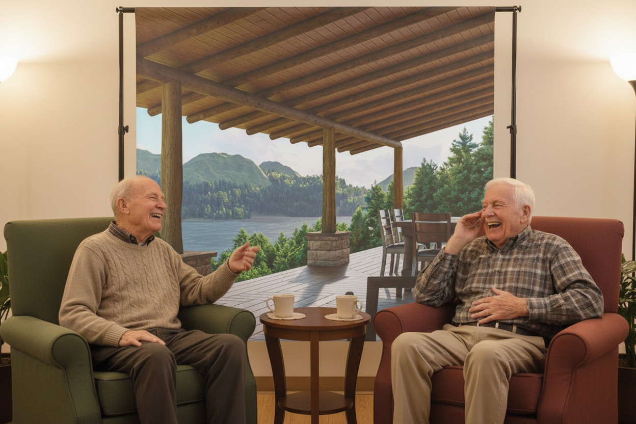 Two senior men laughing and relaxing in front of cabin banner