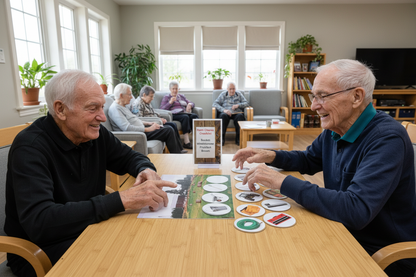 Two elderly senior men playing Farm Chores game with checklist and stand on table