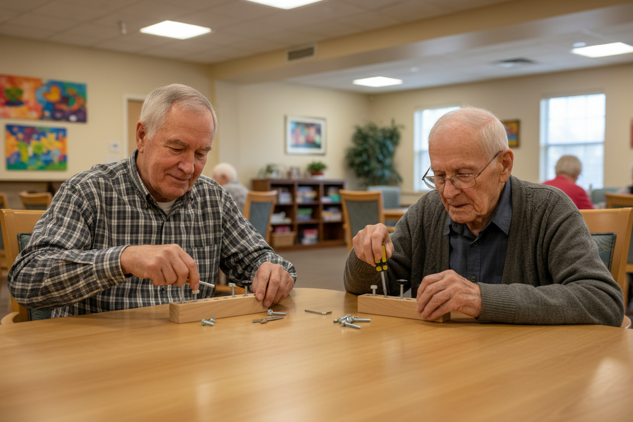 Two senior men playing with fidget tools