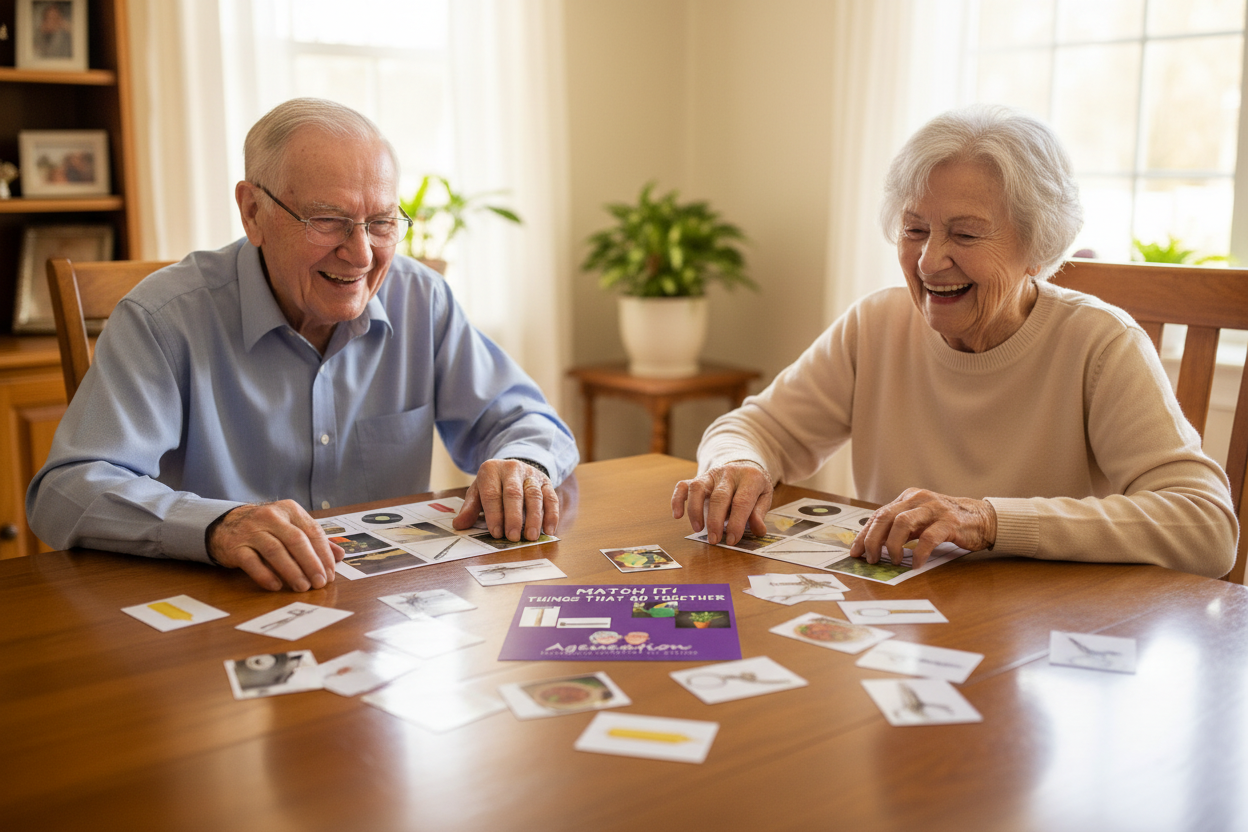 Two seniors playing Match It game