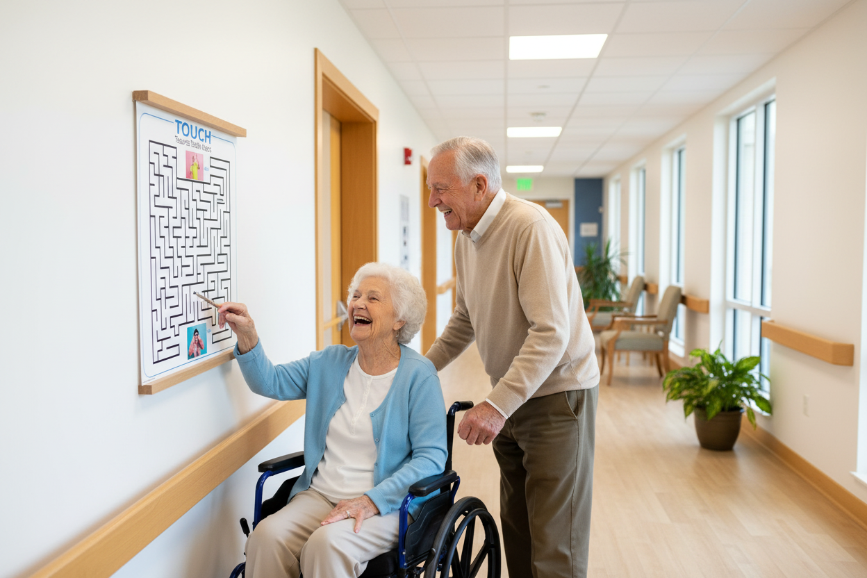 Two seniors with tactile touch wall activity in bright hallway
