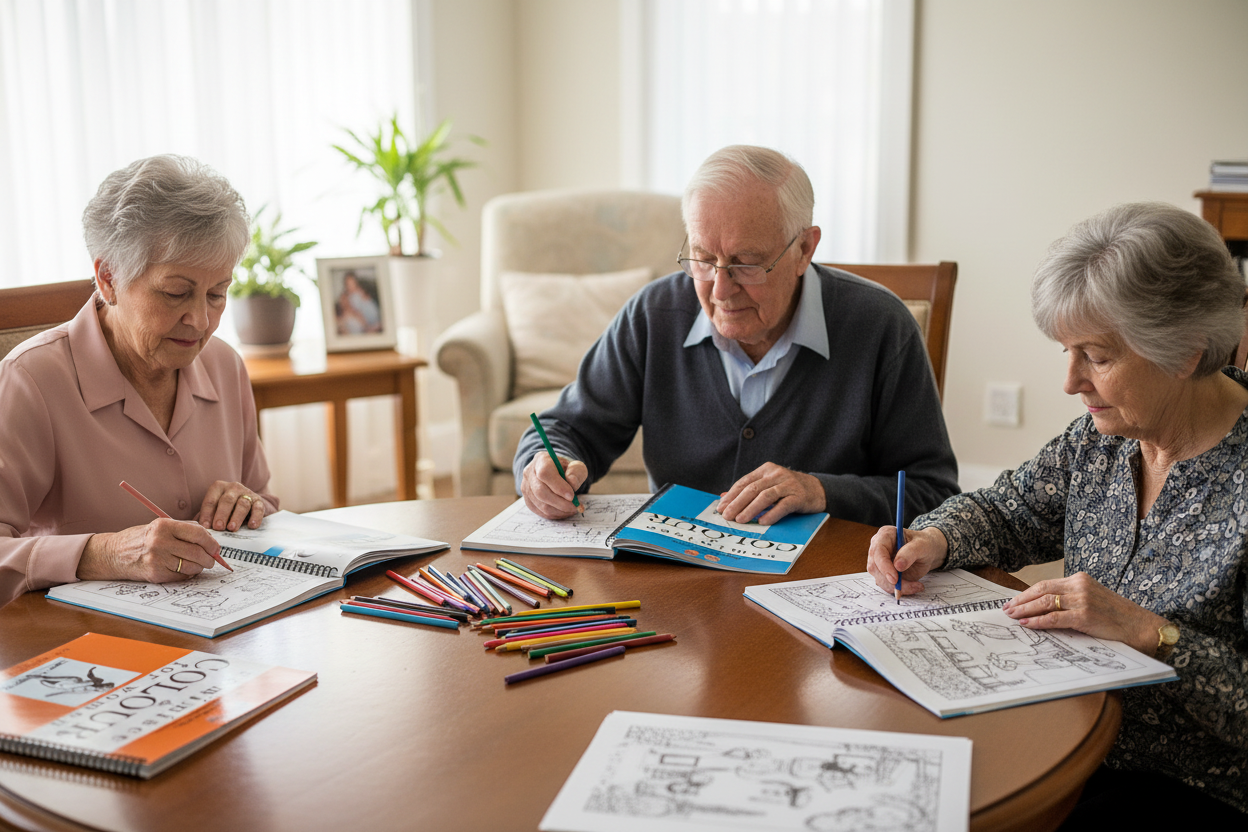 Three elderly people sitting at a table with coloring vintage images