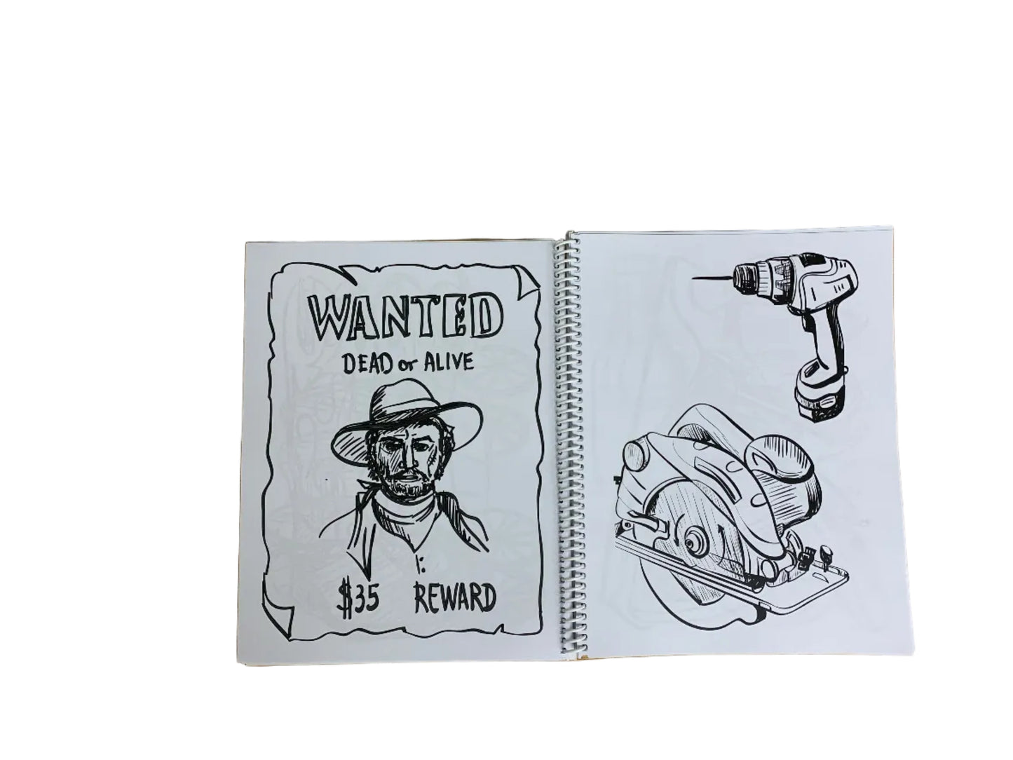 Notebook with a 'Wanted' poster and construction tools illustration on white background