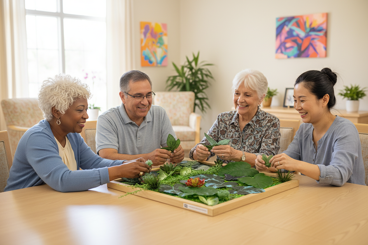 Four people sitting around a table with a nature-themed activity