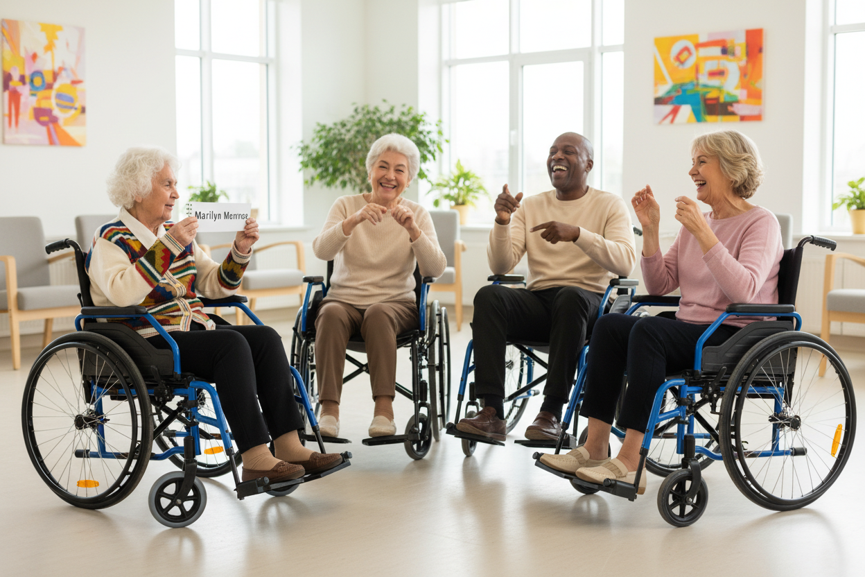 Group of elderly people clapping in a room playing a game
