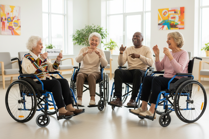 Group of elderly people clapping in a room playing a game