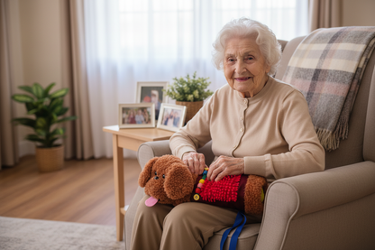 woman-holding-fidget-muff-dog