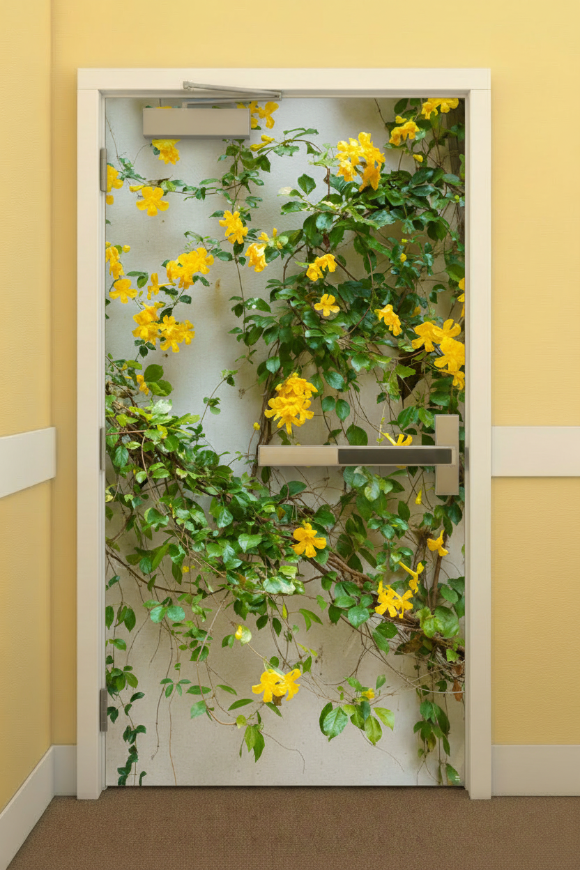 Yellow Flower mural on single door with correct push bar