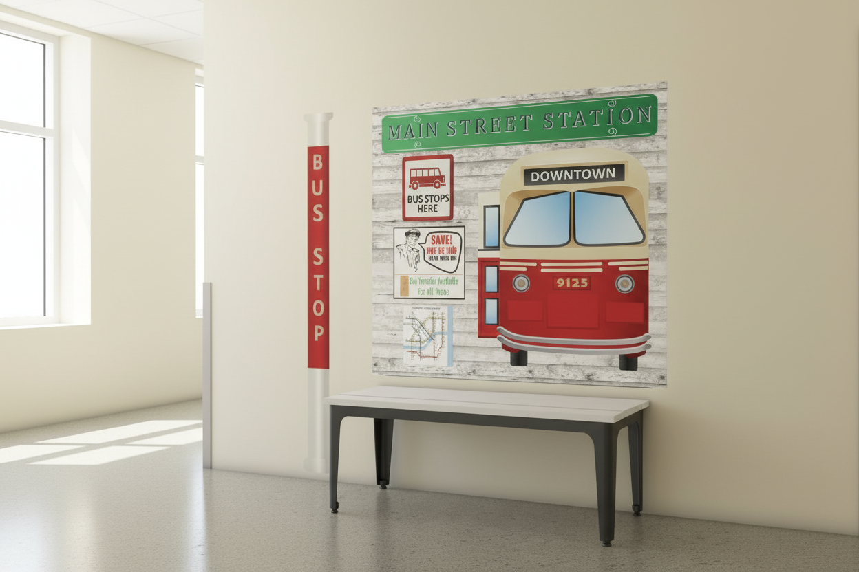 Your exact bus stop mural on wall with metal bench